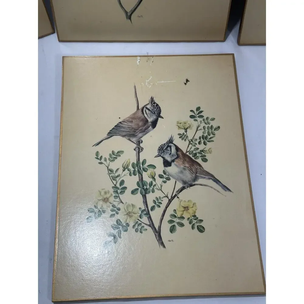 Sewell Signed Wooden Plaques Wall Decor Birds Wagtail Titmouse Set 4 VTG England